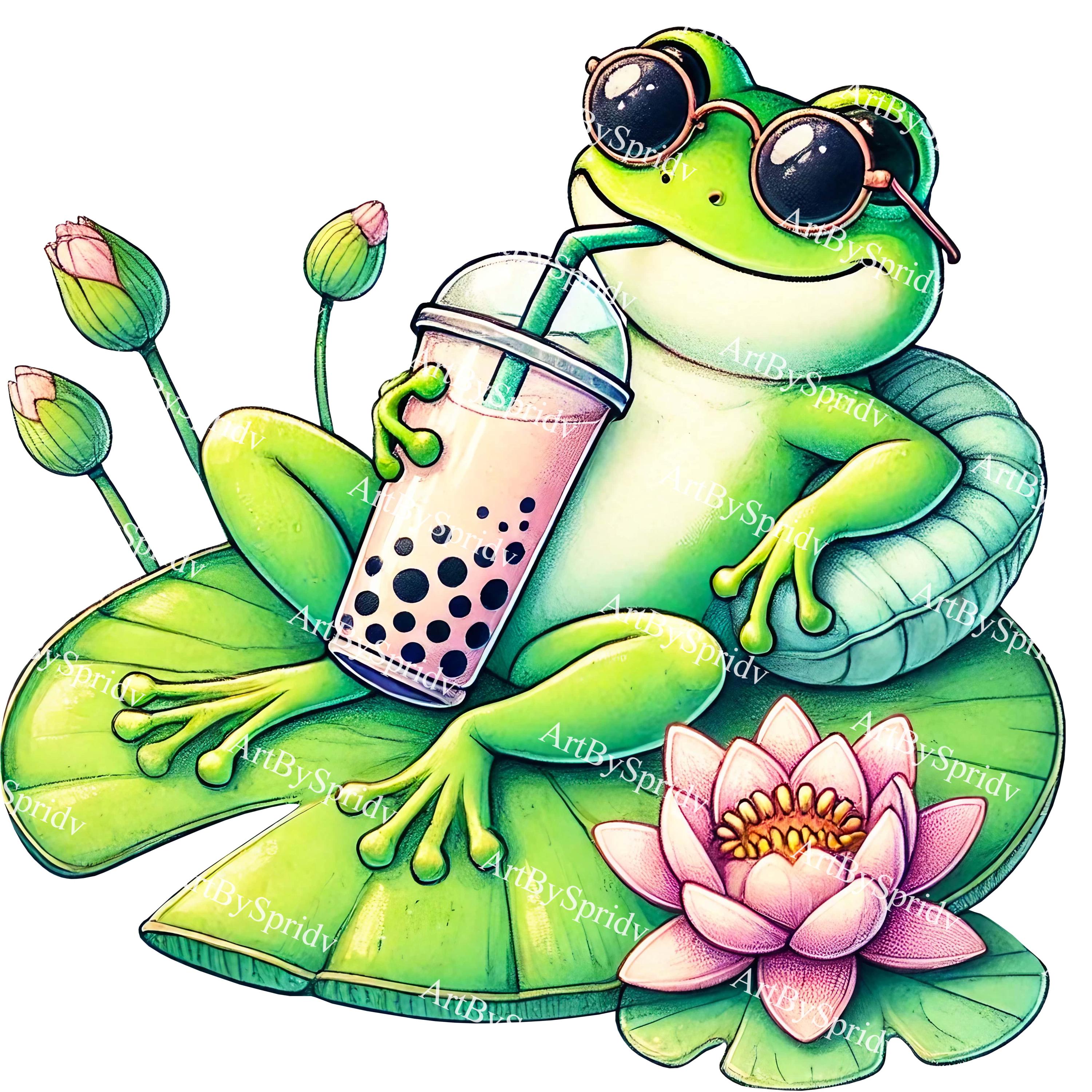 Cool Frog Drinking Bubble Tea Clipart - Cute Aesthetic Frog Png-relaxed ...
