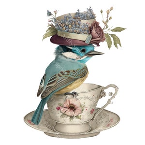 Pájaro azul encantador con sombrero victoriano sentado en taza de té floral PNG Clipart, descarga digital vintage para manualidades de bricolaje, álbumes de recortes, camisetas, tazas