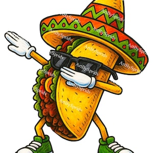 Funny Dabbing Taco PNG, Mexican Food Character Clipart with Sombrero and Shades, Cinco de Mayo Sublimation, Fiesta Shirt Digital Design