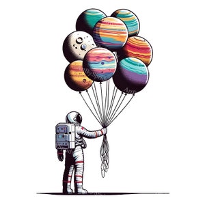 Clipart con temática espacial: astronauta con globos planetarios PNG, arte digital para DTG, camisetas, tazas, vasos, álbumes de recortes: descarga instantánea