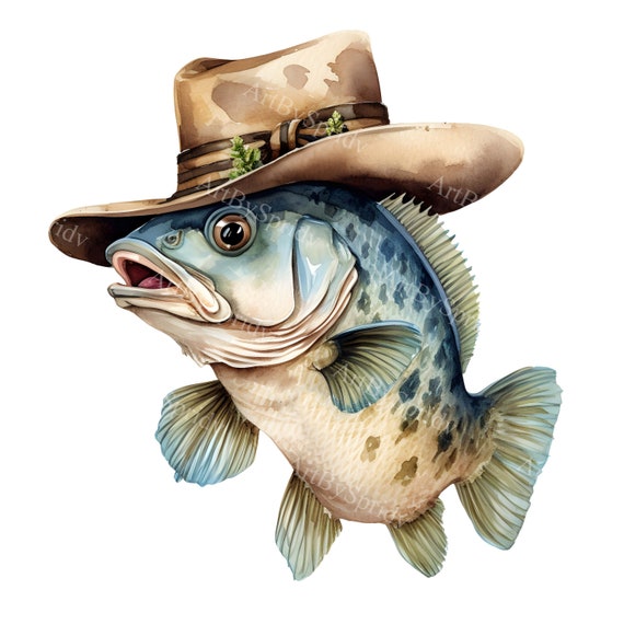 Watercolor Cool Bass Fish with Cowboy Hat Clip Art - Printable T Shirt, Mug  Sublimation Transparent PNG Clipart-Commercial, Digital Download