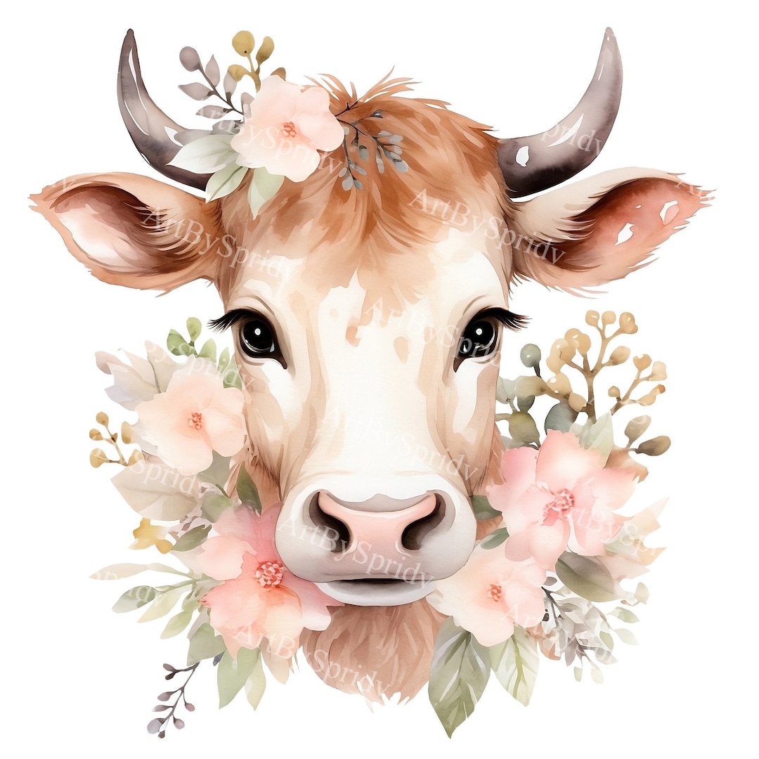 Cute Watercolor Floral Farm Cow Transparent PNG Clipart,kids/adults ...