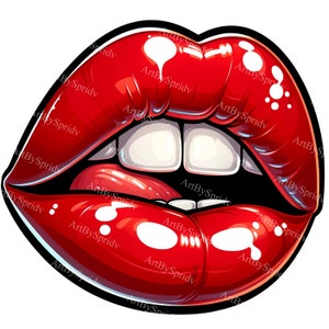 Puede incluir: Ilustración vibrante de labios rojos brillantes, ligeramente entreabiertos para revelar dientes blancos y una lengua rosada. Los labios están delineados en negro, con reflejos blancos. El texto "ArtBySpridv" se repite.