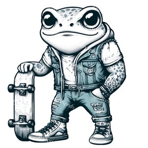 Cool Anthropomorphic Frog with Skateboard PNG Clipart|Trendy Frog Art for Digital Download|Skater Frog PNG for T-Shirt Design,Scrapbooking