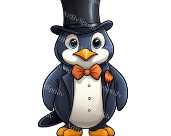 Penguin in Tuxedo & Top Hat PNG Clipart | Cute Penguin Wearing Bow Tie Digital Download | Elegant Penguin Illustration for DIY Craft Project