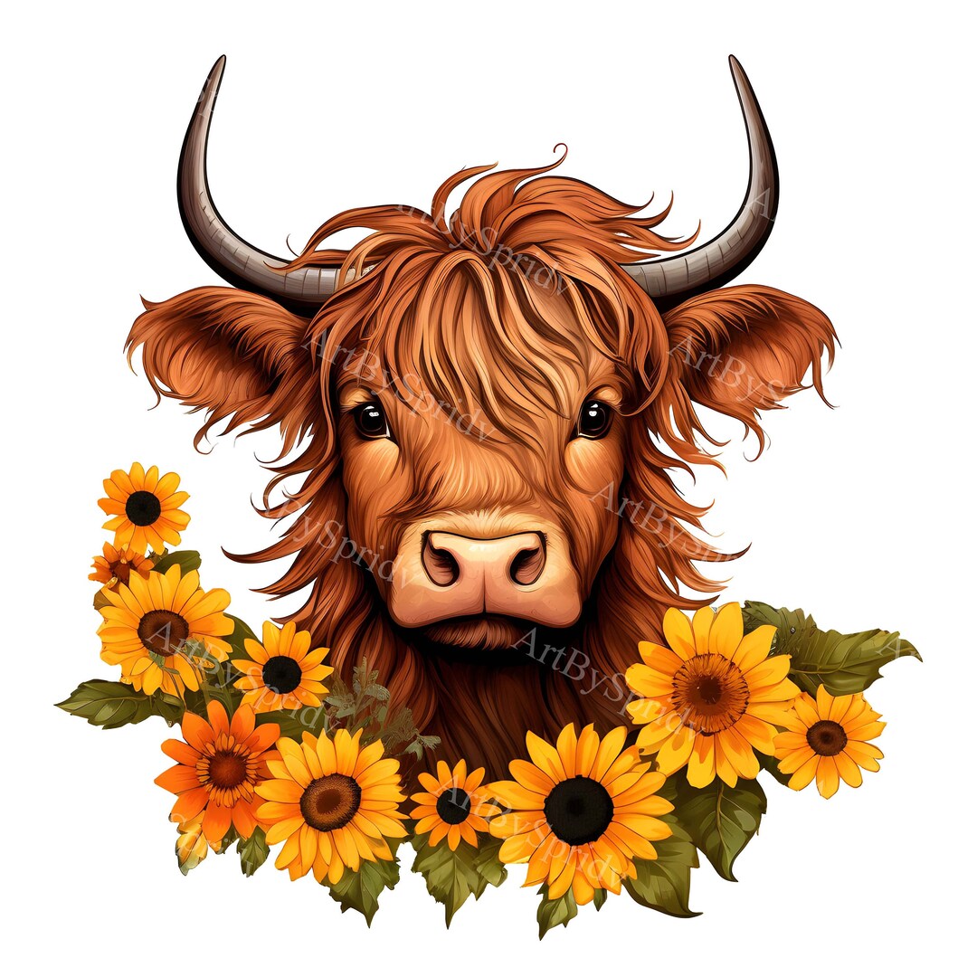 Highland Cow Clipart With Sunflowers - Watercolor Farm Animal PNG ...