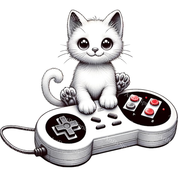 Gamer Kitty Digital Clipart | Retro Gaming Controller Cat PNG | Printable Sublimation Design for T-Shirts, Mugs & More | Kitten Illustration