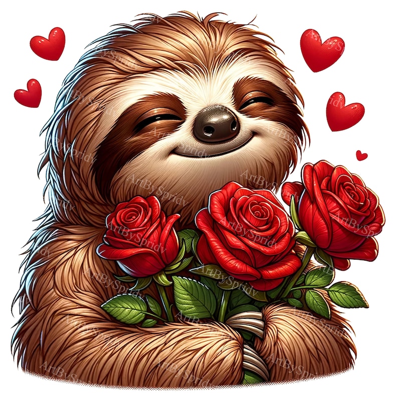 Sloth With Red Roses Clipart - Valentine's Day Digital PNG, Perfect for ...