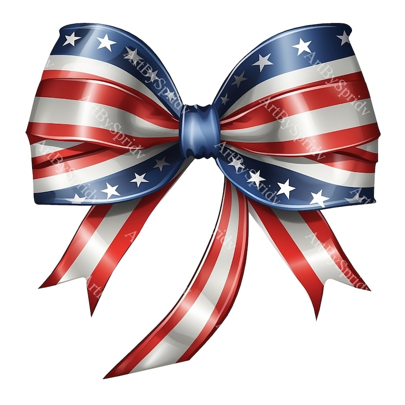 Patriotic USA Flag Ribbon Bow Clipart, Stars & Stripes Digital PNG for Independence Day, 4th of July,Memorial Day,Veteran’s Day Celebrations
