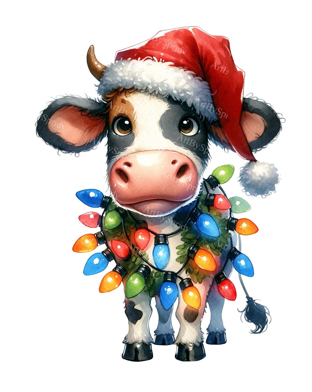 Watercolor Cow With Christmas Lights PNG Festive Animal Etsy