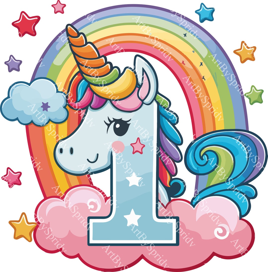 First Birthday Unicorn Clipart - One Year Celebration Rainbow PNG
