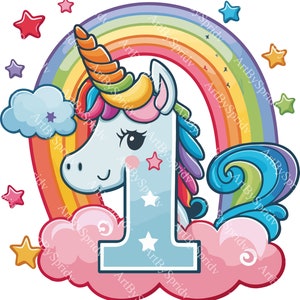 Erster Geburtstag Einhorn Clipart - Ein Jahr Feier Regenbogen PNG | Druckbare Sublimations Design für Kinder Kinderzimmer Dekor | Digitaler Download