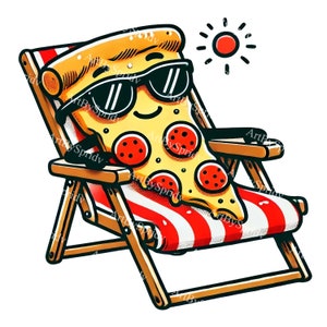 Cool Pizza Slice with Sunglasses Relaxing on Beach Chair Transparent PNG Clipart - Fun Summer Food Clip Art for T-Shirt Sublimation, Sticker