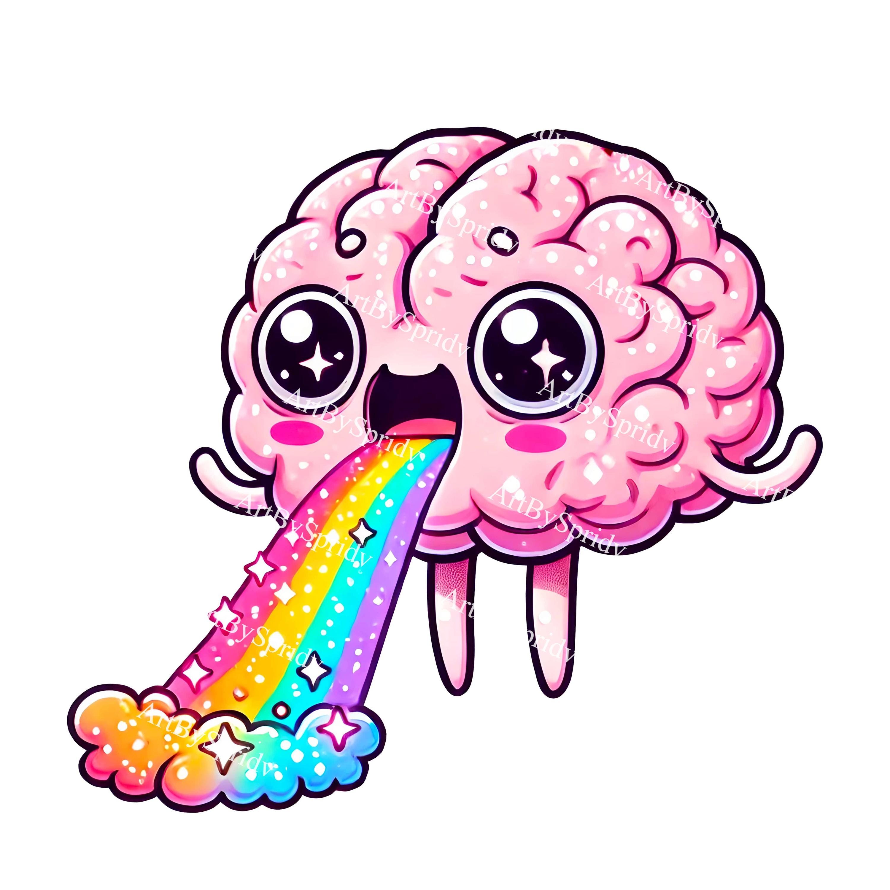 Kawaii Gehirn PNG Clipart mit Regenbogen Erbrochenes | Niedliche Pastell Gehirnkunst für Sublimation | Lustiges transparentes Design für Aufkleber, Shirts & Kunsthandwerk
