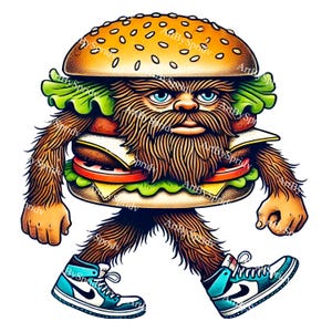 Clipart exclusivo de monstro de hambúrguer de Beefsquatch PNG – Clip Art de personagem de desenho animado desenhado à mão para artesanato DIY, pôsteres, logotipos, design de camiseta DTG digital