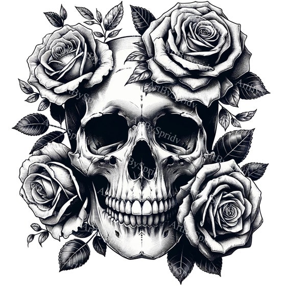 Digital Skull & Roses Clipart | Gothic Floral PNG Sublimation | Tattoo Style Transparent Graphics | Unique Printable Art for DIY Projects