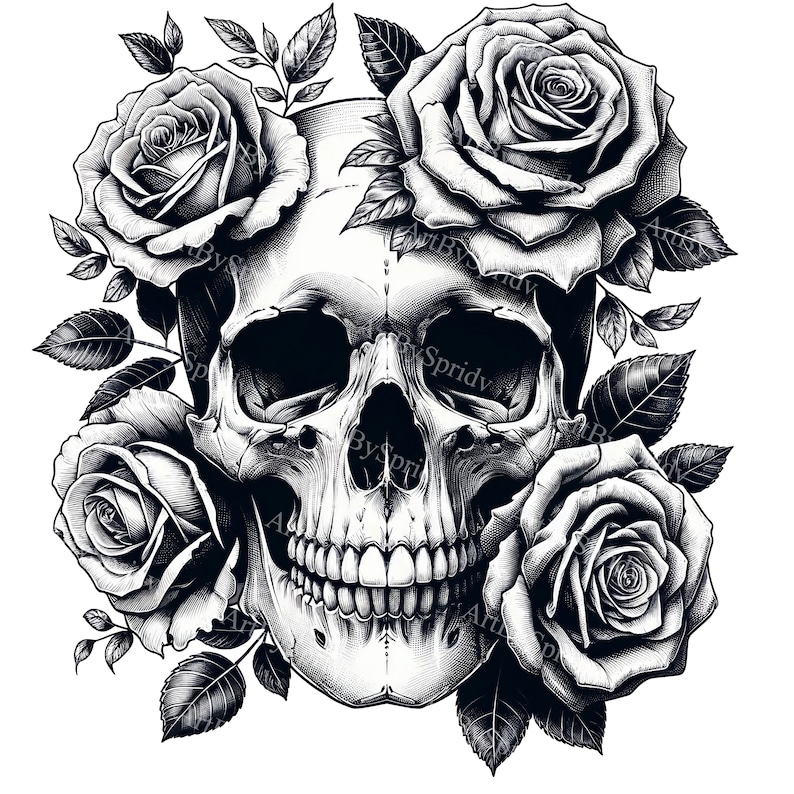May include: A black and white illustration of a human skull with roses around it. The skull is detailed with teeth and eye sockets. The roses are in full bloom and have a detailed design.