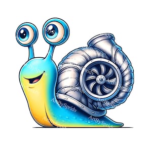 Leuke cartoon turboslak met turboschelp, png-afbeeldingen | Transparante digitale download voor kinderen en volwassenen | Unieke kunst voor knutselprojecten