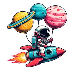 Caprichoso astronauta PNG Clipart Descarga instantánea, Niño en traje espacial exterior montando cohete con globos planetarios, Arte infantil, Decoración de la habitación para niños