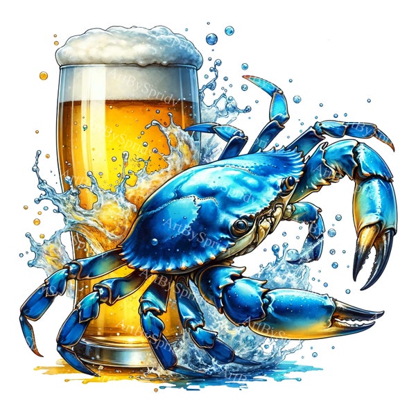 Blue Crab & Beer Clipart - Nautical Ocean Life PNG | Digital Download for Printable Sublimation, DIY Craft | Unique Artistic Clip Art Design