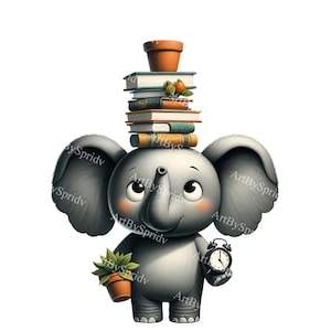 May include: A grey elephant with large ears holds a potted plant in one hand and an alarm clock in the other. A stack of books and a potted plant are balanced on top of the elephant's head.