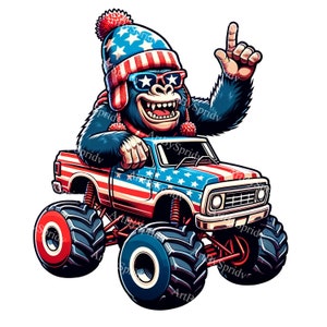 Patriotic Gorilla Monster Truck Clipart|American Flag Truck Digital Download|USA Independence Day PNG | Fun Cartoon Gorilla Driving Clip Art