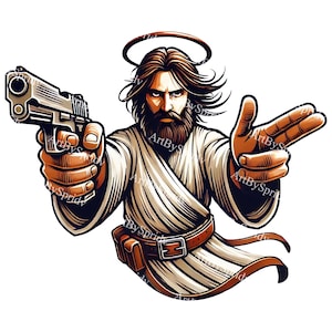Può includere: Un'illustrazione digitale di un uomo con un'aureola che tiene una pistola in una mano e punta con l'altra. Indossa una tunica bianca con una cintura marrone.