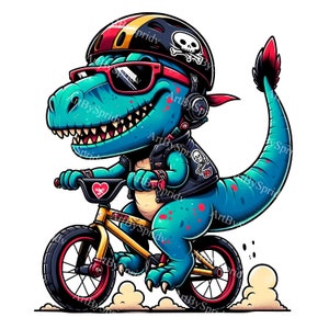 May include: A cartoon illustration of a turquoise dinosaur riding a yellow bicycle. The dinosaur wears a black leather jacket, red sunglasses, and a helmet with a skull. The bicycle has red tires and a heart symbol on the handlebars.