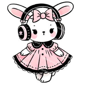 Kawaii Bunny Clipart Transparent PNG, Cute Pink Rabbit in Headphones Digital Download, Pastel Cartoon Animal Illustration for Kids DIY Craft