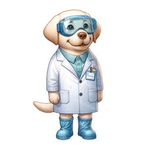 Labrador Scientist Clipart PNG - Digital Art for DTG, T-Shirts, Mugs, Tumblers, Sublimation, Scrapbooking - Lab Dog in Lab Coat & Goggles