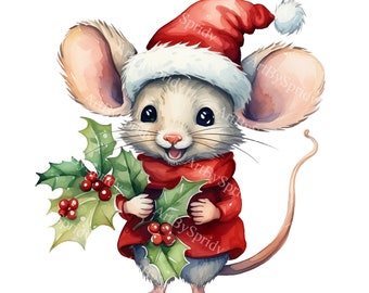 アルバムクラフト☆ネズミサンタ　クリスマス素材 クリスマスサンタ帽子をかぶったかわいいネズミの透明なPNGクリップ