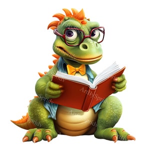 Dinosaur With Glasses Reading Book Clip Art - Dino Printable T Shirt, Mug Sublimation Transparent PNG Clipart - Commercial, Digital Download