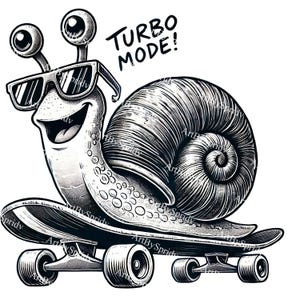 Cool Snail on Skateboard PNG, Funny Turbo Mode Snail Clipart, Speedy Snail Illustration, Quirky Cartoon Digital Art for Stickers & T-Shirts
