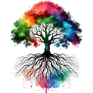 Watercolor Rainbow Tree Clipart - Abstract Colorful Tree with Roots PNG for T-Shirt, Mug, Tumbler, Sublimation & Scrapbooking - Digital Art