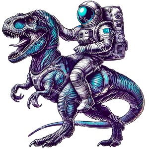 Astronauta montando dinosaurio PNG, Clipart espacial de ciencia ficción T-Rex, Dinosaurio cósmico futurista digital, Diseño de sublimación de aventura espacial retro, Fantasía