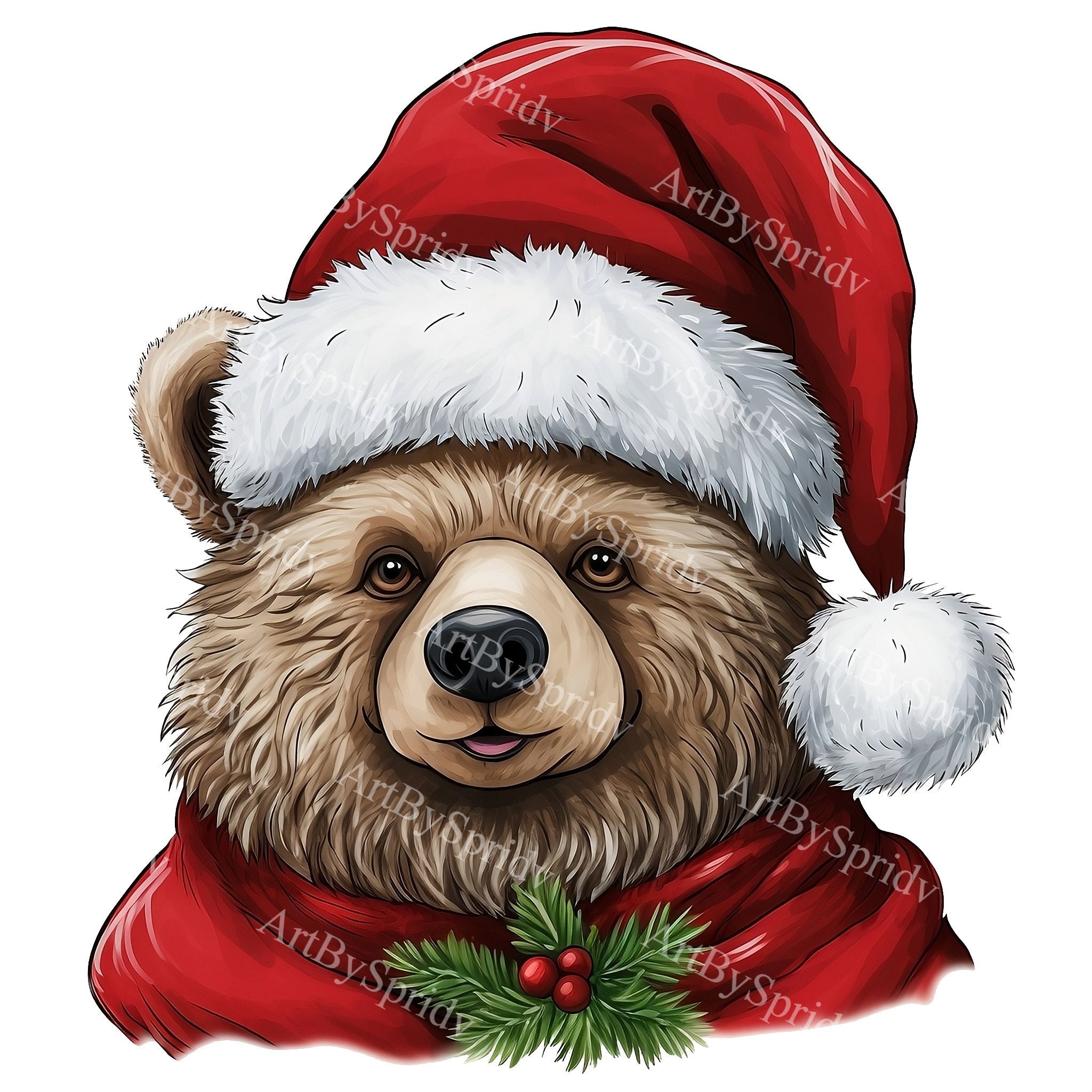 Christmas Bear Clipart,Adorable Holiday Bear in Santa Hat PNG,Festive  Animal Illustration for DIY Crafts, -Shirt Sublimation,Seasonal Design, image size:2048x2048