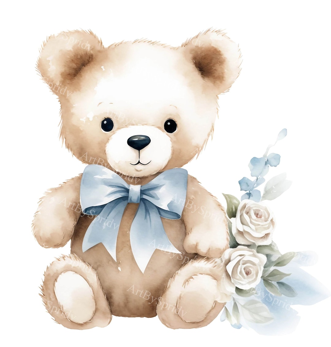 Watercolor Teddy Bear With Blue Bow PNG Clipart | Vintage Baby Shower ...
