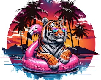 Coole retro tijger drijvend op flamingo zwembadvlotter, tropische zonsondergang, esthetische png, zomerse strandsfeer transparante clipart voor sublimatie