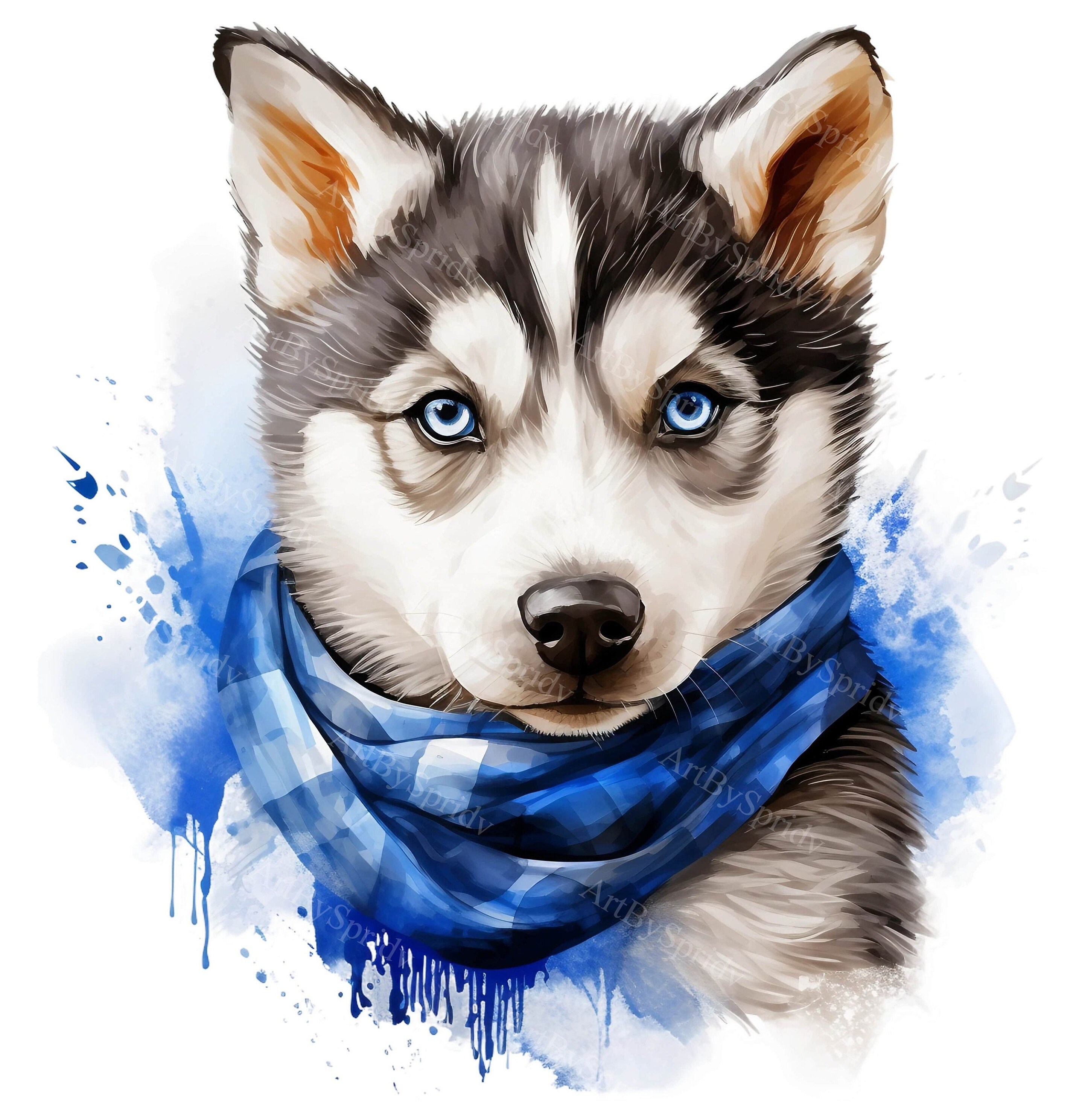 水彩画のシベリアン ハスキーの子犬とバンダナ - 透明 4 PNG クリップ