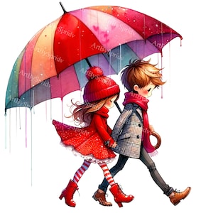 Valentine's Day Clipart - Boy & Girl Under Umbrella, Romantic Cartoon PNG, DTG T-Shirt, Mug, Tumbler Design - Sublimation and Scrapbooking