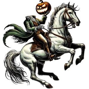 Puede incluir: Un jinete sin cabeza montando un caballo blanco, sosteniendo una calabaza tallada. El jinete lleva una capa verde y una chaqueta marrón. El caballo se levanta sobre sus patas traseras.