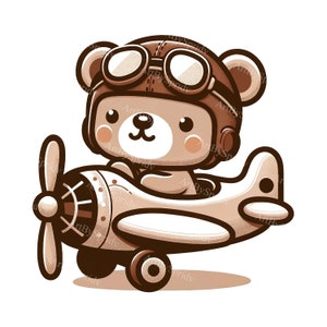 Vintage Airplane Teddy Bear Clipart - Pilot Bear PNG for DTG, T-Shirt, Mug, Tumbler Sublimation & Scrapbooking, Baby Shower Digital Design
