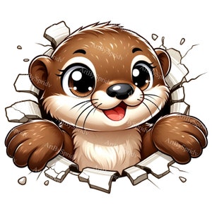 Realistischer Cartoon Otter 3D Mauerbruch Clipart, Digitales PNG für DTG, T-Shirts, Tassen, Sublimation, Scrapbooking - Instant Download Clip Art