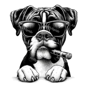 Cool Boxer Dog in Sunglasses Smoking Cigar PNG Clipart, Digital Download, Hipster Dog Art, Funny Dog Illustration, Printable, Pet Lover Gift