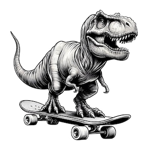 T-Rex Dinosaur Skateboard Clipart - Transparent Black & White PNG for Crafting, Printable Sublimation Projects | Unique Sublime Skate Dino