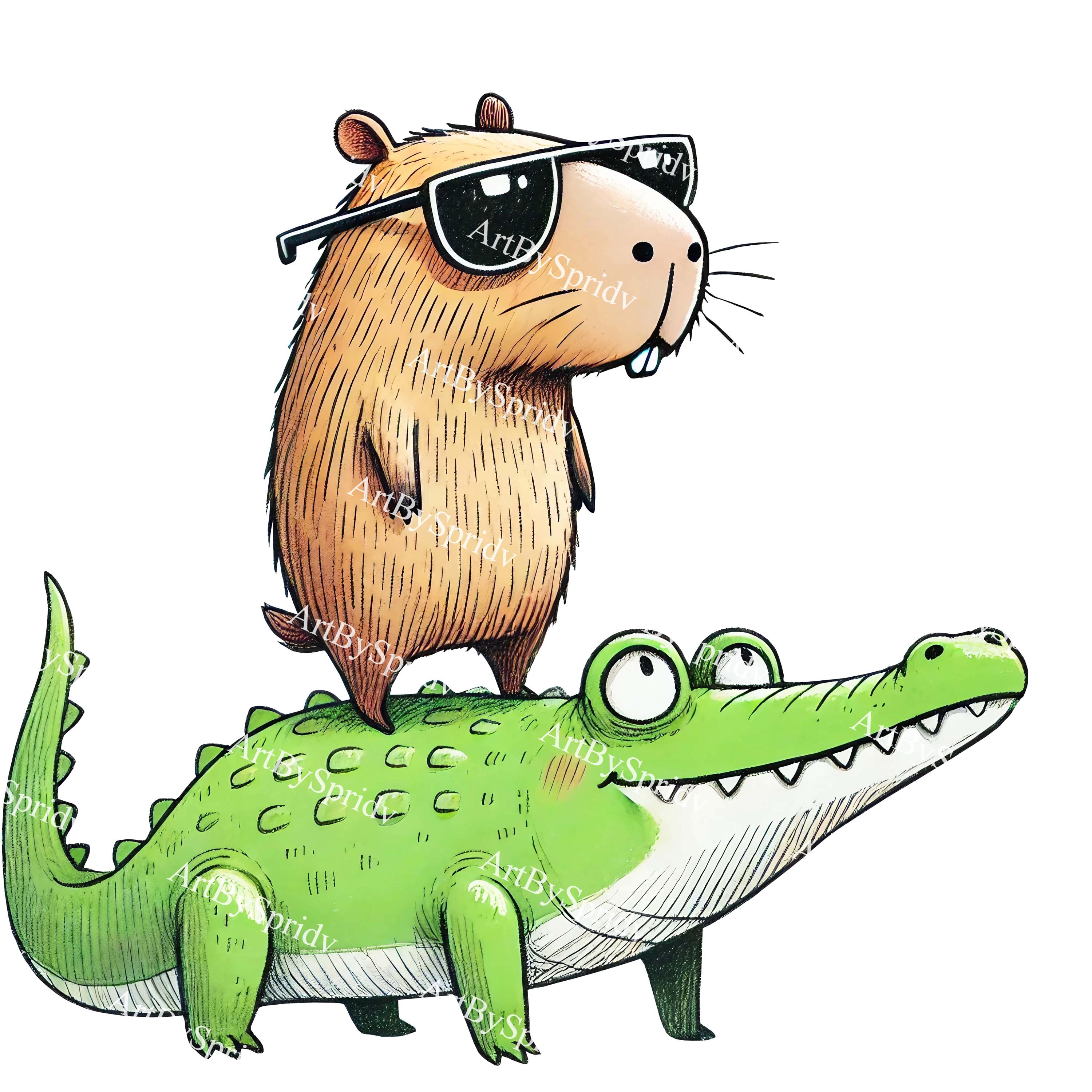 Cool Capybara PNG Clipart, Funny Capybara Riding Crocodile Illustration ...
