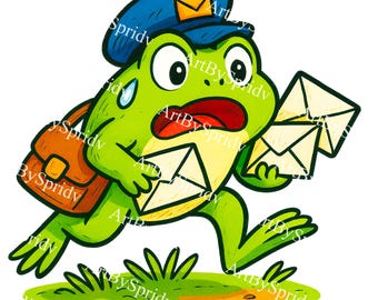 Frog Mailman PNG Clipart – Cute Postal Frog with Envelopes & Satchel – Clear Background for Sublimation, Stickers, Happy Mail, Pen Pal Gifts