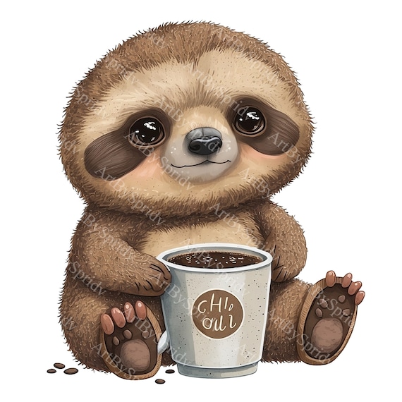 Cute Coffee Sloth - Graphic Print T Shirt Cute Coffee Sloth - Graphic Print T Shirt