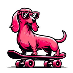 Clipart de Dachshund de skate | Cachorro Legal Download Digital Transparente PNG | Design gráfico de sublimação para impressão na moda, artesanato e decoração faça você mesmo