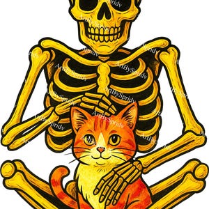 Skeleton Holding Cat PNG | Halloween Skeleton with Orange Kitty Clipart | Transparent Sublimation Design for Stickers, Shirts & Digital Art